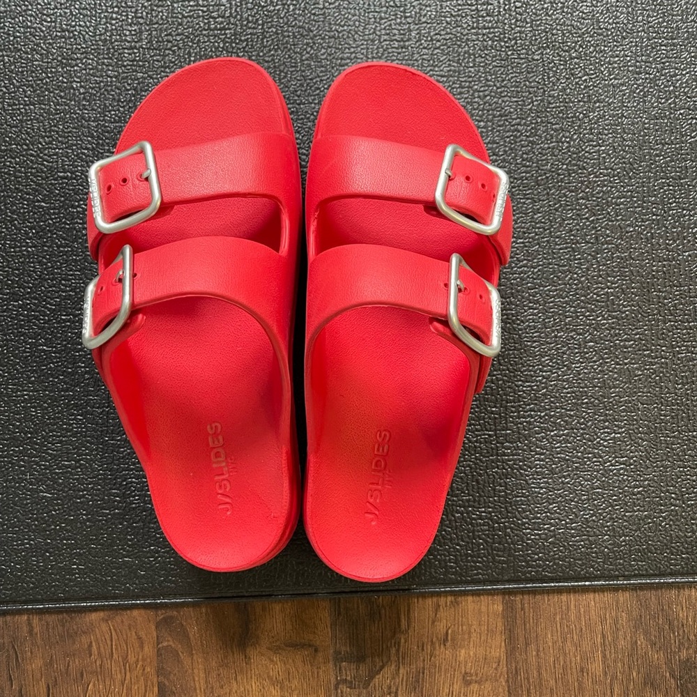 J Slides Red Comfort Sandals with Buckle Straps